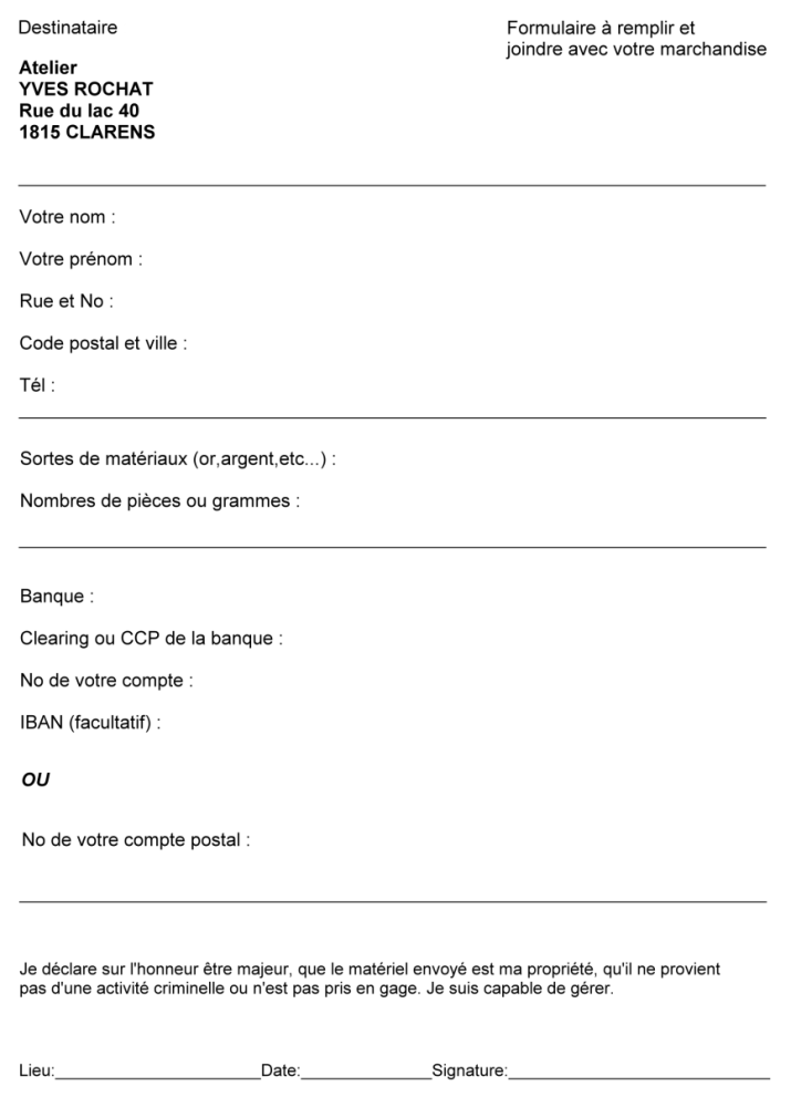 fomulaire d’impression pour l’envoi de metaux precieux, or ou argent par la poste suisse